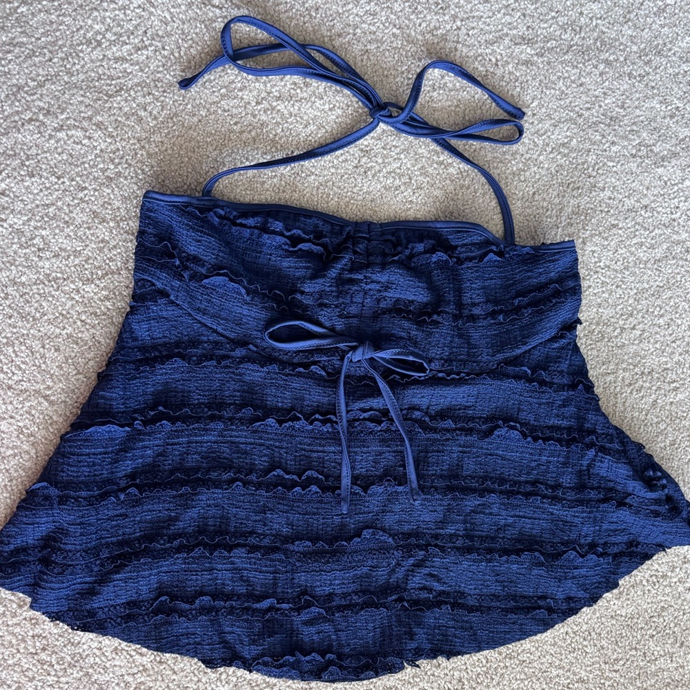 SHEIN Navy Textured Ruffle Halter Top